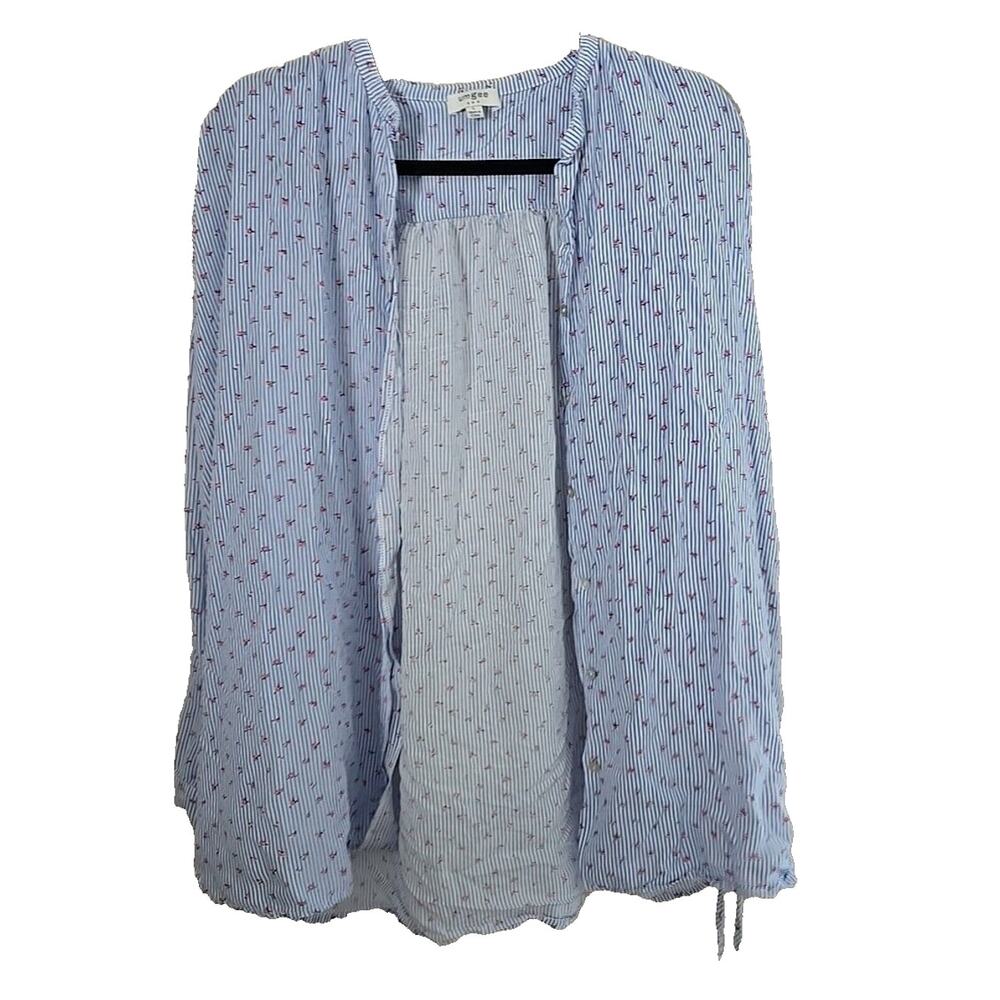 UMGEE Blue Striped Floral Button Front Long Sleeve Casual Top Womans Size Large